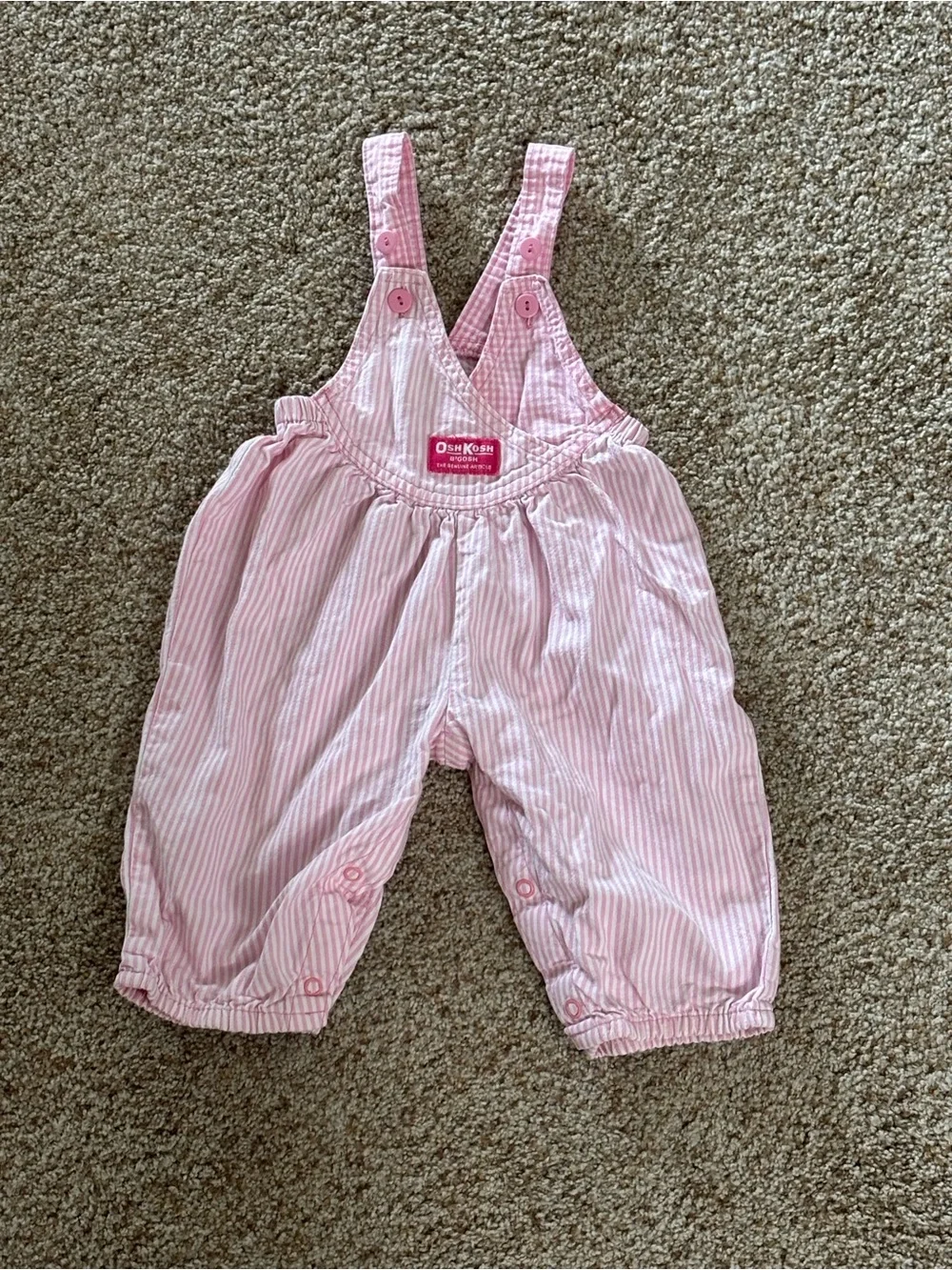 Vintage OshKosh B'gosh Baby Denim Bubble Romper Overalls Pink White 6-9 month